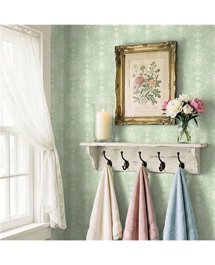 Ref.LB51604 estancia decorada con damasco medallón Blanco Roto y fondo Verde, dolly mixtures