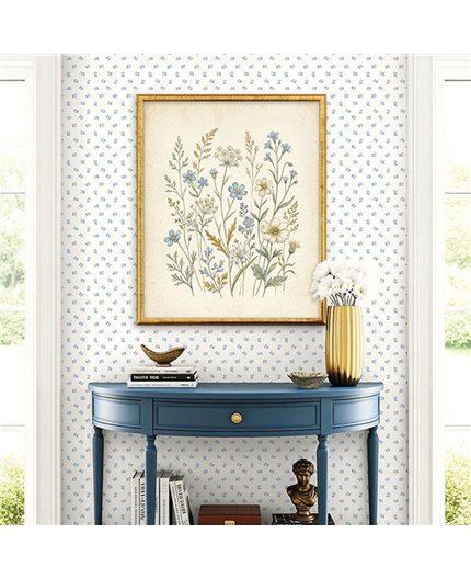 Ref.LB51012 ambiente con dolly mixtures flor salteada Azul sobre fondo Blanco Roto