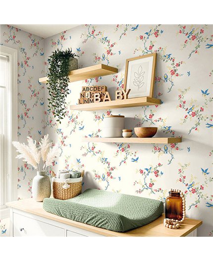 Ref.LB50611 foto de ambiente pájaros en rama dolly mixtures fondo Blanco Roto con Azul, Rojo, Amarillo, Verde y Gris