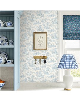 Ref.LB51702 estancia decorada con toile de jouy Azul y fondo Blanco Roto, dolly mixtures