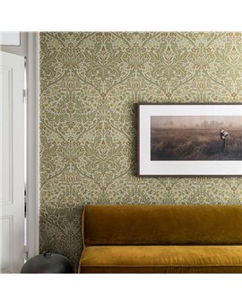 Ref.82077 estancia decorada con floral acanto Verde, Marrón, Topo y Mostaza y fondo Blanco Roto, hidden treasures
