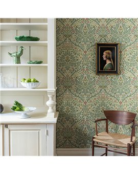 Ref.82076 ambiente real de floral acanto hidden treasures, sobre fondo Blanco Roto en tonos Verde, Granate y Beige