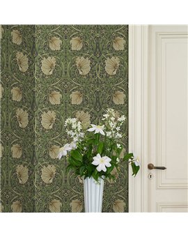 Ref.82094 estancia decorada con tulipanes entrelazados Beige, Verde y Bronce y fondo Marrón, hidden treasures