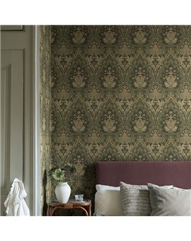 Ref.82086 foto de ambiente damasco ojival hidden treasures fondo Verde con Marrón y Beige