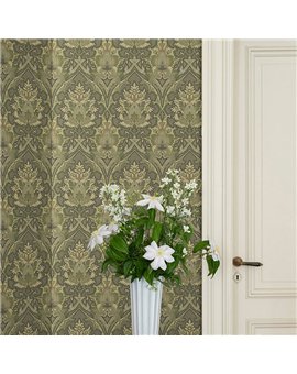 Ref.82085 estancia decorada con damasco ojival Verde y Topo y fondo Beige, hidden treasures