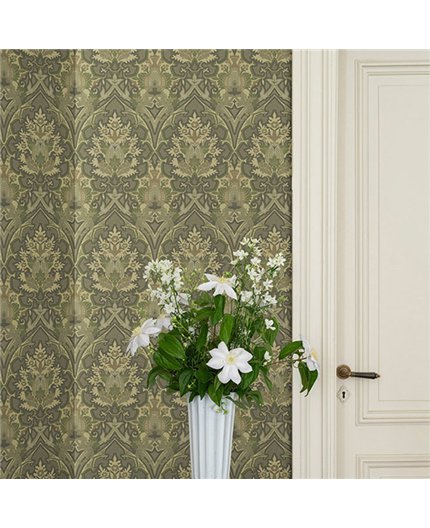 Ref.82085 estancia decorada con damasco ojival Verde y Topo y fondo Beige, hidden treasures