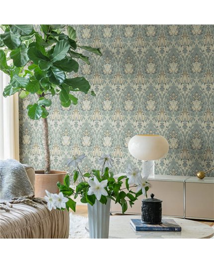Ref.82084 ambiente con hidden treasures damasco ojival Marrón, Topo y Gris sobre fondo Verde