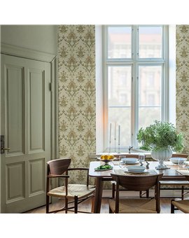 Ref.82083 foto de ambiente damasco ojival hidden treasures fondo Blanco Roto con Beige, Granate, Verde y Marrón