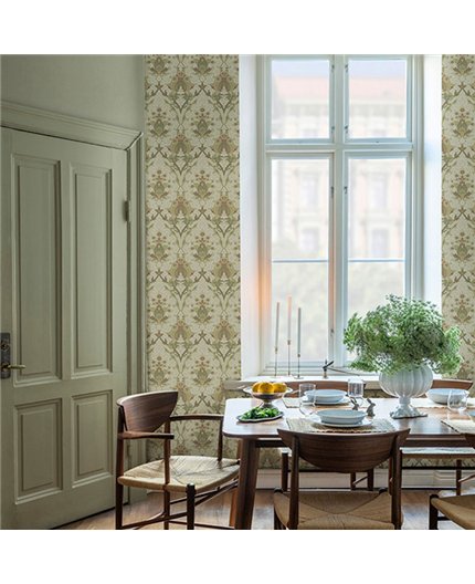 Ref.82083 foto de ambiente damasco ojival hidden treasures fondo Blanco Roto con Beige, Granate, Verde y Marrón