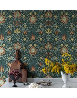 Ref.82092 foto de ambiente floral simétrico hidden treasures fondo Gris con Verde, Caldera, Naranja y Beige