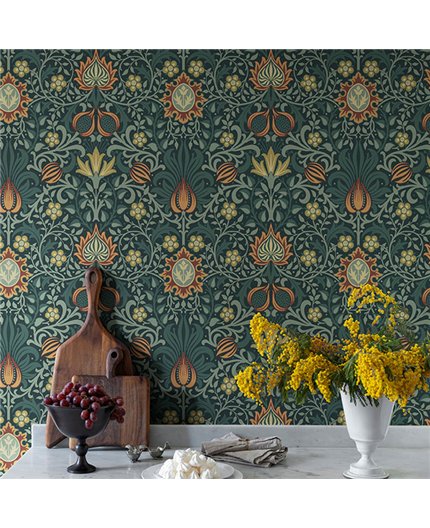 Ref.82092 foto de ambiente floral simétrico hidden treasures fondo Gris con Verde, Caldera, Naranja y Beige