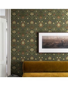 Ref.82093 estancia decorada con floral simétrico Verde, Marrón y Beige y fondo Negro, hidden treasures
