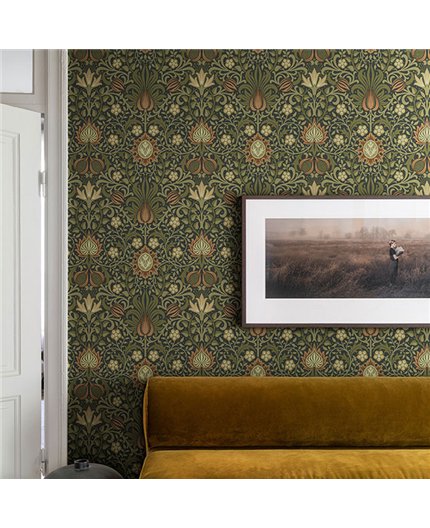 Ref.82093 estancia decorada con floral simétrico Verde, Marrón y Beige y fondo Negro, hidden treasures