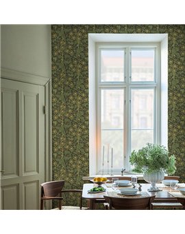 Ref.82089 ambiente con hidden treasures acanto y girasoles Ocre y Marrón sobre fondo Verde