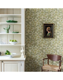 Ref.82087 estancia decorada con acanto y girasoles Verde, Ocre y Naranja y fondo Blanco Roto, hidden treasures