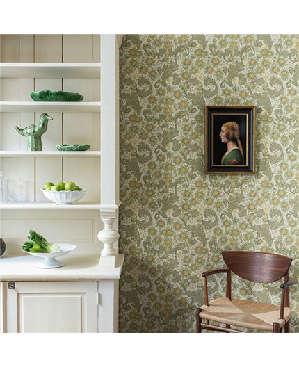 Ref.82087 estancia decorada con acanto y girasoles Verde, Ocre y Naranja y fondo Blanco Roto, hidden treasures