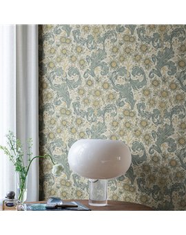 Ref.82088 ambiente real de acanto y girasoles hidden treasures, sobre fondo Topo en tonos Azul, Beige, Ocre y Marrón