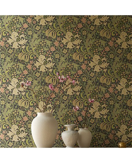 Ref.82102 foto de ambiente lirios arts & crafts hidden treasures fondo Marrón con Verde, Rosa y Beige