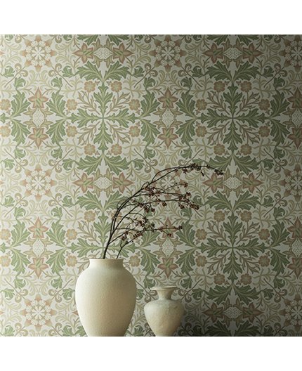 Ref.82080 estancia decorada con medallón floral Verde, Beige y Marrón y fondo Beige, hidden treasures