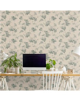 Ref.012-COT ambiente real de floral magnolias cotton, sobre fondo Topo en tonos Verde