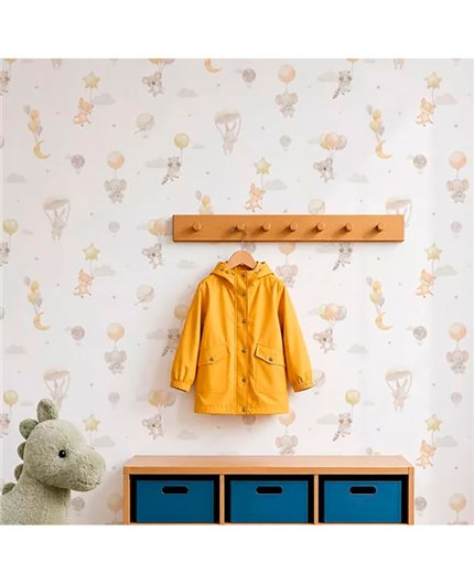 Ref.001-ALI ambiente con alice animales con globos Gris, Beige, Amarillo, Salmón y Topo sobre fondo Blanco Roto