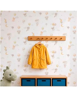 Ref.001-ALI ambiente con alice animales con globos Gris, Beige, Amarillo, Salmón y Topo sobre fondo Blanco Roto