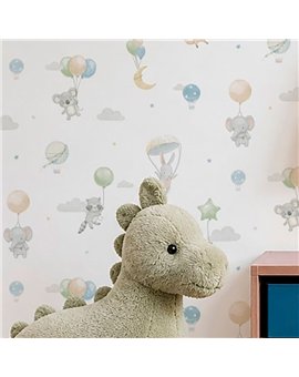 Ref.005-ALI ambiente con alice animales con globos Gris, Verde, Beige, Naranja y Topo sobre fondo Blanco Roto