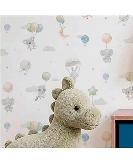 Ref.005-ALI ambiente con alice animales con globos Gris, Verde, Beige, Naranja y Topo sobre fondo Blanco Roto