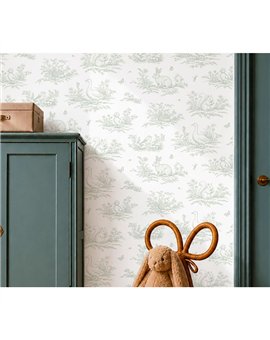 Ref.015-ALI estancia decorada con toile animales del bosque Verde y fondo Blanco Roto, alice