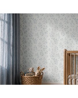 Ref.012-ALI ambiente real de hojas acuarela alice, sobre fondo Blanco Roto en tonos Azul