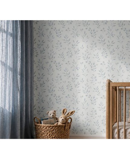 Ref.012-ALI ambiente real de hojas acuarela alice, sobre fondo Blanco Roto en tonos Azul