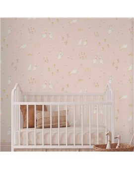 Ref.027-ALI estancia decorada con ocas con lazos Blanco Roto, Amarillo, Verde, Beige y Azul y fondo Rosa, alice