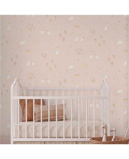 Ref.027-ALI estancia decorada con ocas con lazos Blanco Roto, Amarillo, Verde, Beige y Azul y fondo Rosa, alice