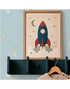 Ref.028-ALI ambiente con alice planetas Beige, Marrón, Gris y Blanco Roto sobre fondo Azul