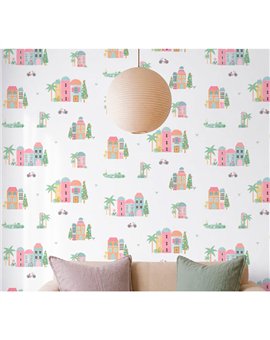 Ref.045-ALI foto de ambiente casitas alice fondo Blanco Roto con Multicolor