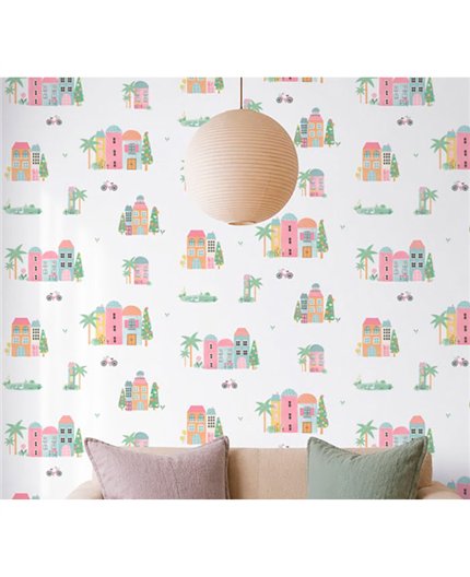 Ref.045-ALI foto de ambiente casitas alice fondo Blanco Roto con Multicolor