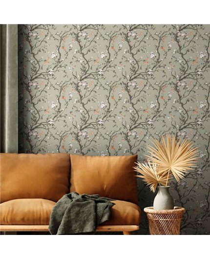 Ref.016-BOO ambiente real de ramas floridas bamboo, sobre fondo Verde en tonos Naranja, Blanco Roto, Marrón y Lila