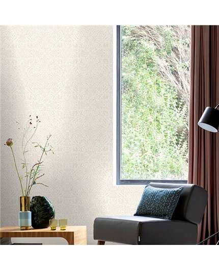 Ref.045-BOO ambiente con bamboo damasco arabesco Nácar y Gris sobre fondo Blanco Roto