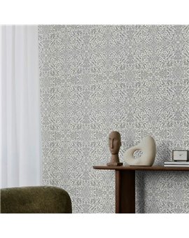 Ref.049-BOO estancia decorada con damasco arabesco Plateado y fondo Gris, bamboo