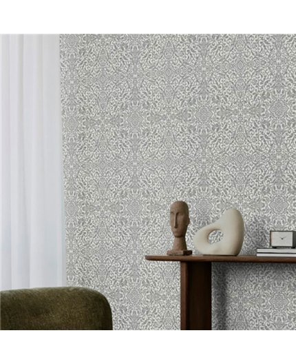 Ref.049-BOO estancia decorada con damasco arabesco Plateado y fondo Gris, bamboo
