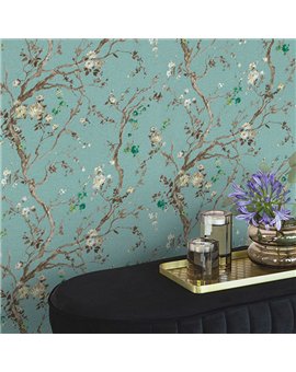 Ref.054-BOO ambiente con bamboo ramas floridas Blanco Roto, Verde, Topo y Amarillo sobre fondo Verde