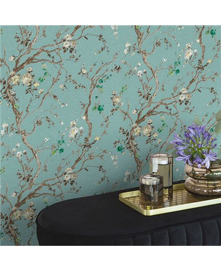 Ref.054-BOO ambiente con bamboo ramas floridas Blanco Roto, Verde, Topo y Amarillo sobre fondo Verde
