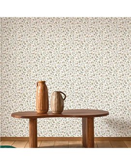 Ref.FAMI-202694724 ambiente florecillas trepadoras Beige, Verde, Amarillo y Negro sobre fondo Blanco Roto