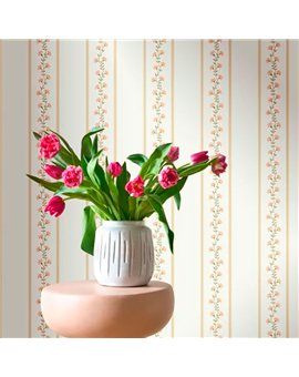 Ref.FAMI-202704427 foto de ambiente rayas florales maison de famille fondo Blanco Roto con Salmón, Amarillo y Verde
