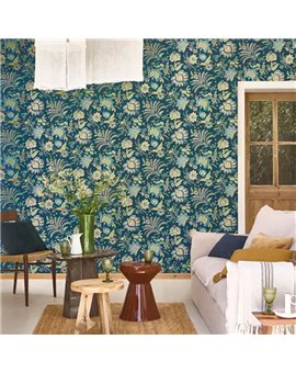 Ref.FAMI-202687644 ambiente real de floral indiana maison de famille, sobre fondo Azul en tonos Topo, Verde y Dorado