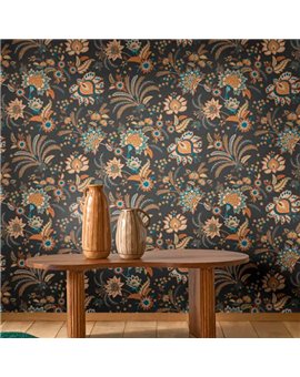 Ref.FAMI-202689357 estancia decorada con floral indiana Beige, Azul y Cobre y fondo Marrón, maison de famille