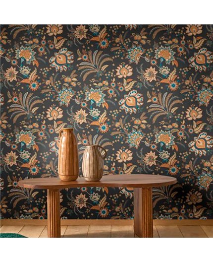 Ref.FAMI-202689357 estancia decorada con floral indiana Beige, Azul y Cobre y fondo Marrón, maison de famille