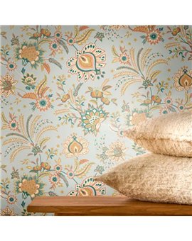 Ref.FAMI-202686414 ambiente con maison de famille floral indiana Naranja, Verde, Beige y Ocre sobre fondo Gris
