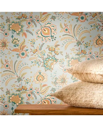 Ref.FAMI-202686414 ambiente con maison de famille floral indiana Naranja, Verde, Beige y Ocre sobre fondo Gris
