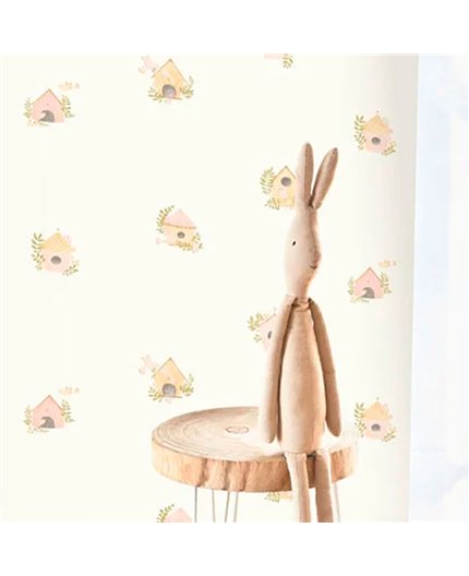 Ref.OUTT202894224 ambiente real con casitas de pájaros sobre fondo Blanco en tonos Beige, Rosa, Verde, Marrón y Gris
